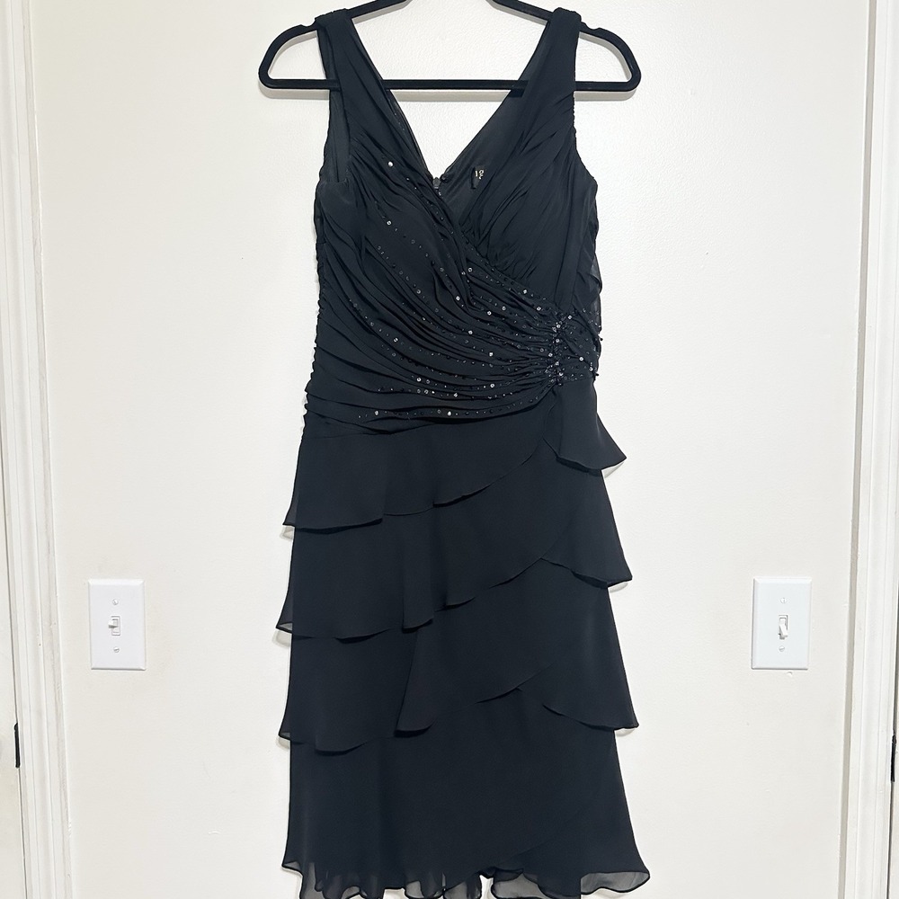 Ignite Evenings Black Chiffon Beaded Layered Ruffles Cocktail Midi Dress 10